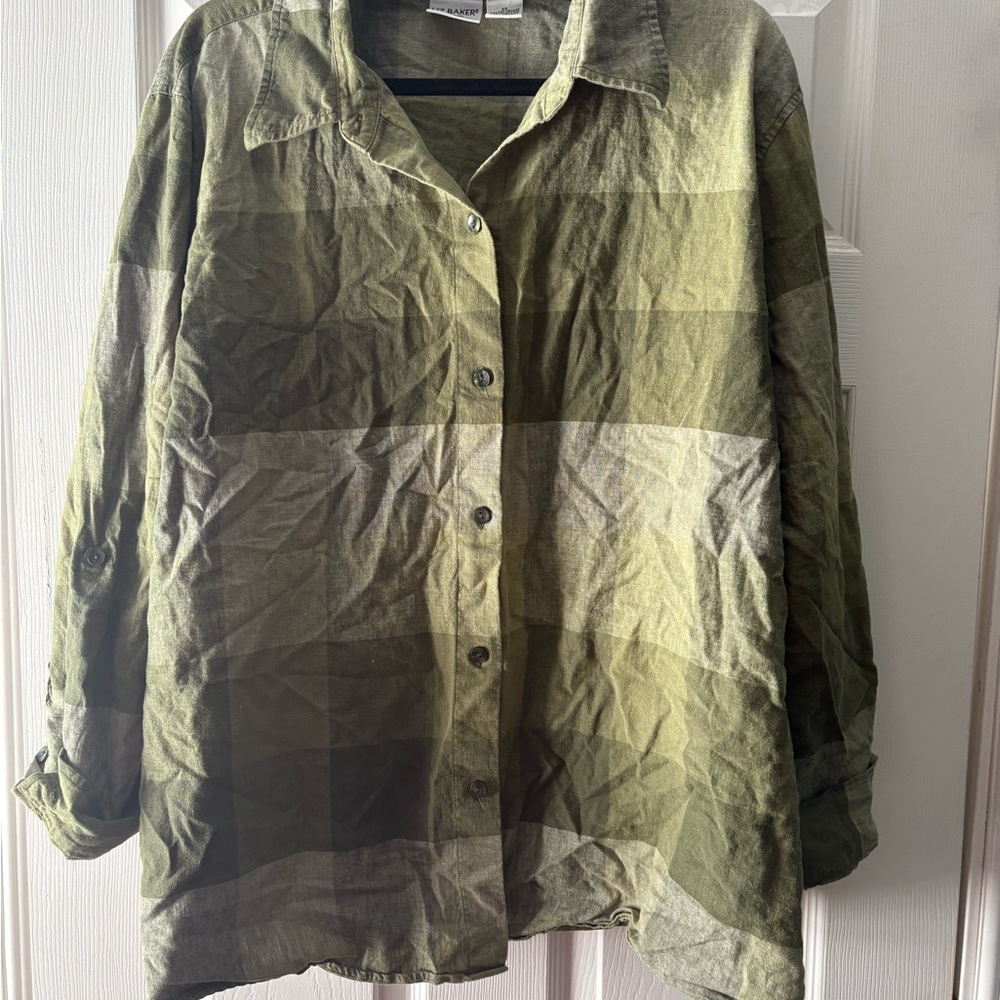 Vintage Plaid Casual Olive Green Women’s Shirt Cotton/Linen Blend